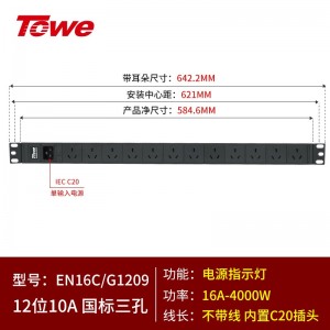 TOWE同为C20输入16A自接线不带线PDU输出国标10A插孔C20输入国标PDU内置C20输入模块12位国标10A三孔模块+指示灯，EN16C/G1209