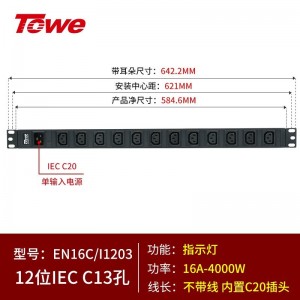 TOWE同为C20输入16A自接线工程安全PDU插座插排 输出IEC C13美标欧标插孔 C20输入IEC美标PDU 12位10A IEC C13模块，EN16C/I1203