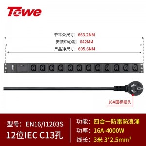 TOWE同为国际通用IEC C13C19竖装工业三级防雷大功率PDU安全机柜插座 SPD防浪涌 竖装IEC插孔专业防雷 12位10A IEC C13，EN16/I1203S