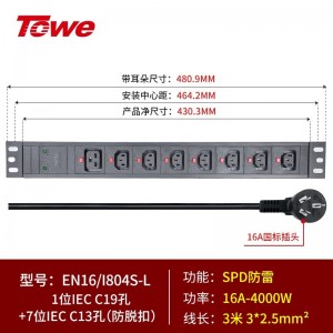 TOWE同为IEC防脱扣工程安全机柜PDU插排 输出IEC C13 C19高可靠性pdu 防脱扣IEC PDU 1位C19防脱扣+7位C13 SPD防雷，EN16/I804S-L