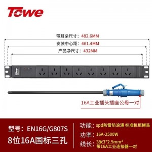 TOWE同为大功率16A/32A工业连接器插头插座PDU机柜插座 带工业插头PDU机柜插座 IDC机房 8位16A国标三孔 +防雷防浪涌，EN16G/G807S