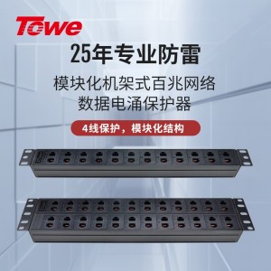 TOWE同为RJ45 100M以太网络通讯线路电涌保护器4线保护通讯网络信号避雷器单口4口可导轨式安装、8口12口24口机架式安装TTS-RJ45-E100(4E/8E/16E/24E)/4S